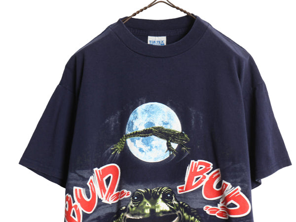 90s ★ バドワイザー カエル イラスト プリント Tシャツ メンズ L オールド グラフィック ビール 当時物 企業物 キャラクター アニマル 紺