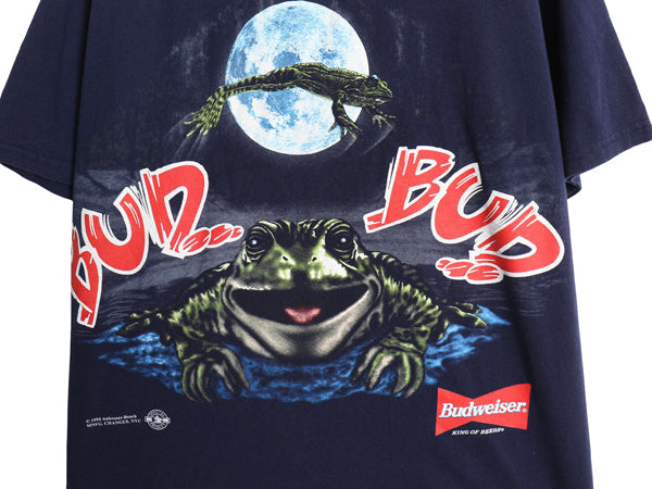 90s ★ バドワイザー カエル イラスト プリント Tシャツ メンズ L オールド グラフィック ビール 当時物 企業物 キャラクター アニマル 紺