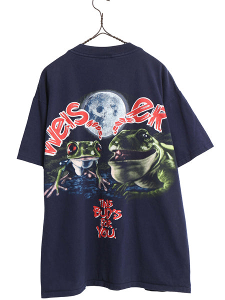 90s ★ バドワイザー カエル イラスト プリント Tシャツ メンズ L オールド グラフィック ビール 当時物 企業物 キャラクター アニマル 紺
