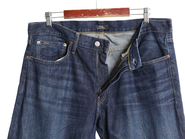 ポロ ラルフローレン デニム パンツ 実寸 38 31 / ヴィンテージ 加工 インディゴ ジーンズ ジーパン ストレート 革パッチ ヒゲ アタリ 濃紺