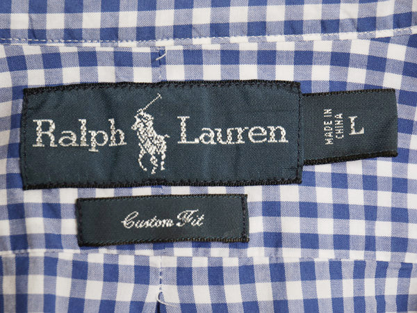 00s ラルフローレン ギンガム チェック 長袖 ボタンダウン シャツ メンズ L オールド ポロ CUSTOM FIT コットン ワンポイント ポニー 青 白