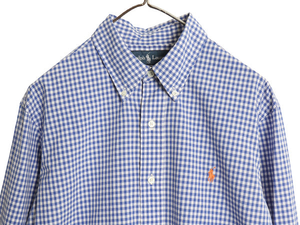 00s ラルフローレン ギンガム チェック 長袖 ボタンダウン シャツ メンズ L オールド ポロ CUSTOM FIT コットン ワンポイント ポニー 青 白
