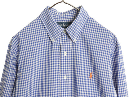 00s ラルフローレン ギンガム チェック 長袖 ボタンダウン シャツ メンズ L オールド ポロ CUSTOM FIT コットン ワンポイント ポニー 青 白