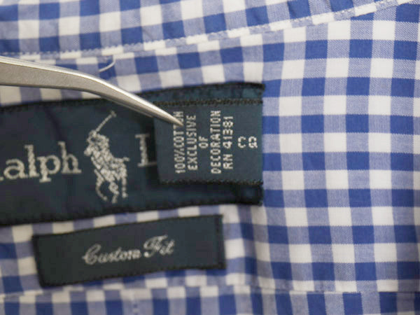 00s ラルフローレン ギンガム チェック 長袖 ボタンダウン シャツ メンズ L オールド ポロ CUSTOM FIT コットン ワンポイント ポニー 青 白