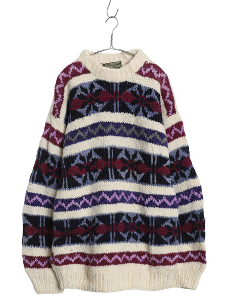 80s 90s エクアドル製 RAY WEAR ウール ニット セーター メンズ L レディース XL 程 総柄 オールド ヴィンテージ ハンドメイド ローゲージ