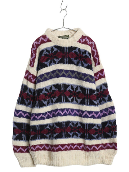 80s 90s エクアドル製 RAY WEAR ウール ニット セーター メンズ L レディース XL 程 総柄 オールド ヴィンテージ ハンドメイド ローゲージ
