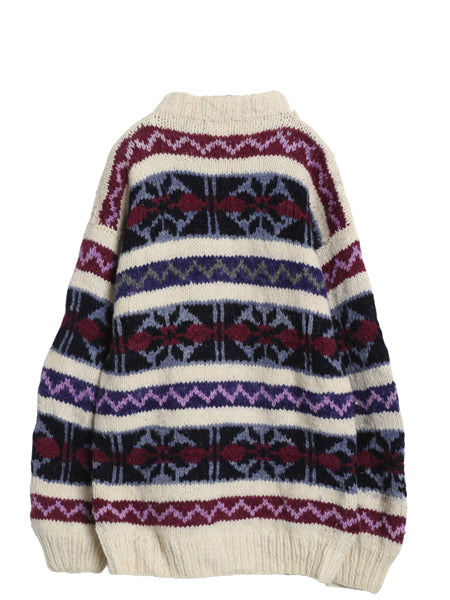 80s 90s エクアドル製 RAY WEAR ウール ニット セーター メンズ L レディース XL 程 総柄 オールド ヴィンテージ ハンドメイド ローゲージ