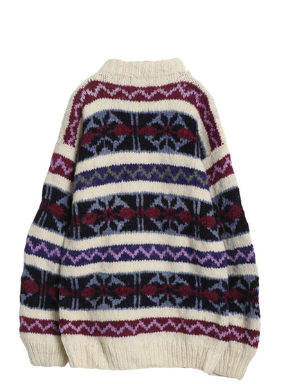80s 90s エクアドル製 RAY WEAR ウール ニット セーター メンズ L レディース XL 程 総柄 オールド ヴィンテージ ハンドメイド ローゲージ