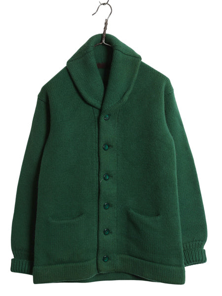 40s ★ ショールカラー ウール ニット カーディガン メンズ S 程 古着 ヴィンテージ セーター ポケット付き ヘビーウェイト 無地 前開き 緑