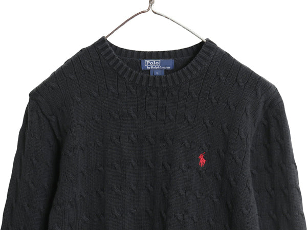 90s ポロ ラルフローレン コットン ケーブル ニット セーター キッズ L レディース S 程/ オールド クルーネック ワンポイント ポニー 黒