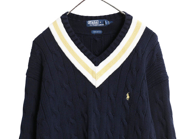 90s ラルフローレン チルデン ケーブル ニット セーター メンズ XL / Vネック ワンポイント ポニー コットン ヘビーウェイト 大きいサイズ 