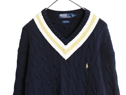 90s ラルフローレン チルデン ケーブル ニット セーター メンズ XL / Vネック ワンポイント ポニー コットン ヘビーウェイト 大きいサイズ 