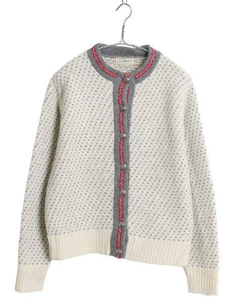 80s USA製 エルエルビーン バーズアイ ニット カーディガン レディース M / ヴィンテージ ウール セーター 前開き 羽織り 総柄 ナチュラル