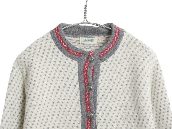 80s USA製 エルエルビーン バーズアイ ニット カーディガン レディース M / ヴィンテージ ウール セーター 前開き 羽織り 総柄 ナチュラル