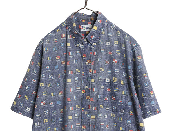 90s レインスプーナー ボタンダウン 半袖 アロハシャツ メンズ L 古着 オールド 半袖シャツ フラッグ 3点留め ボックス 総柄 マルチカラー