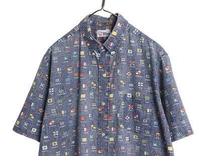 90s レインスプーナー ボタンダウン 半袖 アロハシャツ メンズ L 古着 オールド 半袖シャツ フラッグ 3点留め ボックス 総柄 マルチカラー