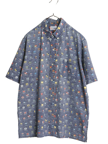 90s レインスプーナー ボタンダウン 半袖 アロハシャツ メンズ L 古着 オールド 半袖シャツ フラッグ 3点留め ボックス 総柄 マルチカラー