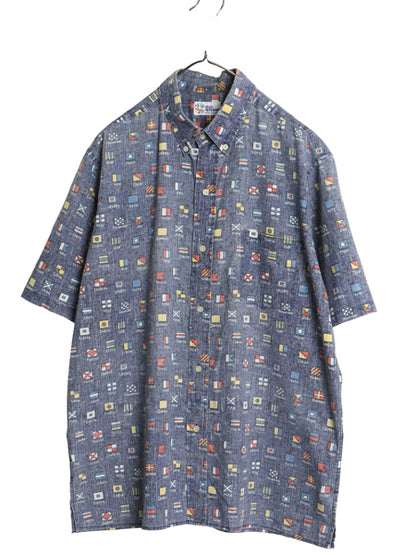 90s レインスプーナー ボタンダウン 半袖 アロハシャツ メンズ L 古着 オールド 半袖シャツ フラッグ 3点留め ボックス 総柄 マルチカラー