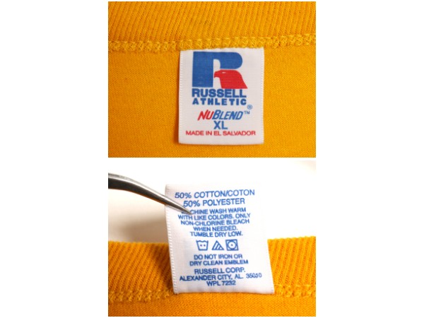 00s ラッセル ウイングフット 3段 プリント Tシャツ メンズ XL 古着 オールド カレッジ カットソー クルーネック 大きいサイズ マスタード