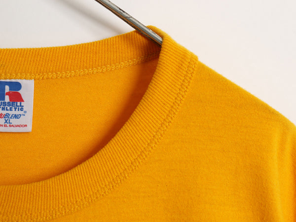 00s ラッセル ウイングフット 3段 プリント Tシャツ メンズ XL 古着 オールド カレッジ カットソー クルーネック 大きいサイズ マスタード