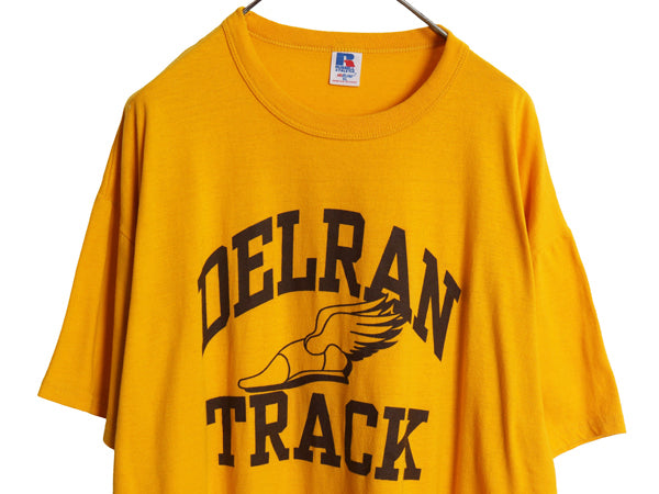 00s ラッセル ウイングフット 3段 プリント Tシャツ メンズ XL 古着 オールド カレッジ カットソー クルーネック 大きいサイズ マスタード