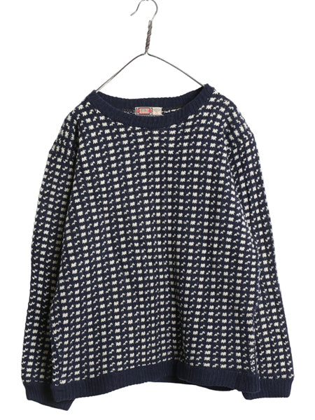 60s ノルウェー製 ★ DEVOLD バーズアイ ニット セーター メンズ L / 古着 ヴィンテージ ノルディック 総柄 ツートン ヘビーウェイト 紺 白