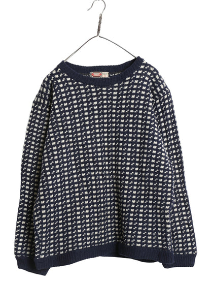 60s ノルウェー製 ★ DEVOLD バーズアイ ニット セーター メンズ L / 古着 ヴィンテージ ノルディック 総柄 ツートン ヘビーウェイト 紺 白