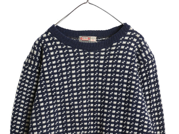 60s ノルウェー製 ★ DEVOLD バーズアイ ニット セーター メンズ L / 古着 ヴィンテージ ノルディック 総柄 ツートン ヘビーウェイト 紺 白