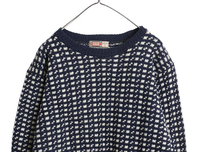 60s ノルウェー製 ★ DEVOLD バーズアイ ニット セーター メンズ L / 古着 ヴィンテージ ノルディック 総柄 ツートン ヘビーウェイト 紺 白