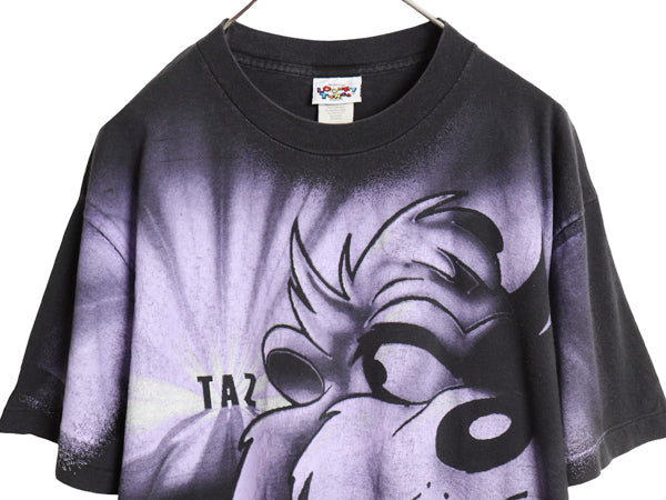 90s USA製 ワーナー タズマニアンデビル オーバー プリント Tシャツ メンズ L オールド オフィシャル ルーニー テューンズ キャラクター 黒