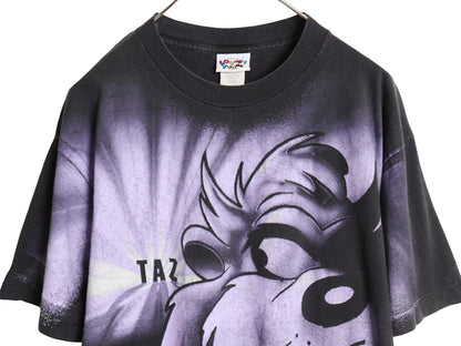 90s USA製 ワーナー タズマニアンデビル オーバー プリント Tシャツ メンズ L オールド オフィシャル ルーニー テューンズ キャラクター 黒