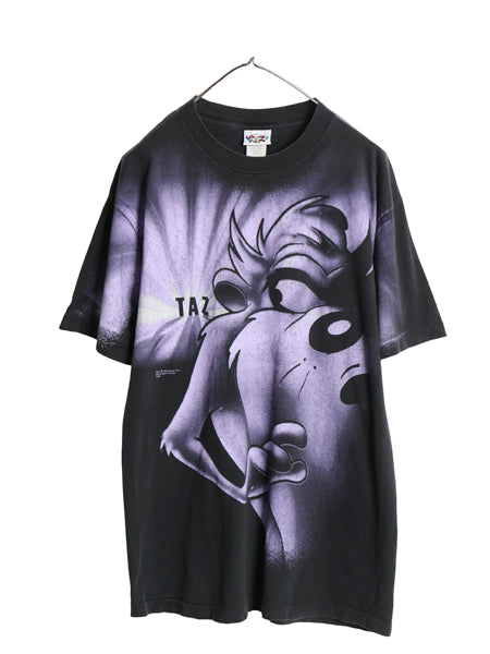 90s USA製 ワーナー タズマニアンデビル オーバー プリント Tシャツ メンズ L オールド オフィシャル ルーニー テューンズ キャラクター 黒