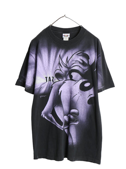 90s USA製 ワーナー タズマニアンデビル オーバー プリント Tシャツ メンズ L オールド オフィシャル ルーニー テューンズ キャラクター 黒