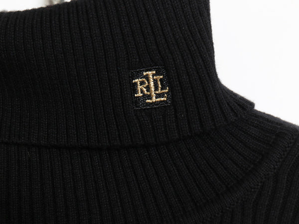 00s ローレン ラルフローレン タートルネック ボーダー ニット トップス レディース L オールド ストレッチ コットン カットソー 金ラメ 黒