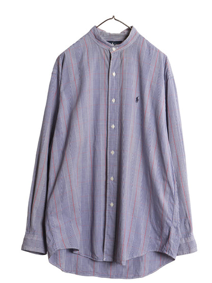 90s ラルフローレン チェック バンドカラー 長袖 シャツ メンズ L / オールド ポロ コットン ノーカラー ワンポイント カジュアル ゆったり