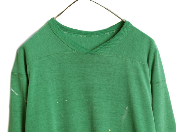 70s 80s ★ ラッセル フットボール Tシャツ メンズ M / 古着 ヴィンテージ Vネック 七分袖 長袖 ロンT ナンバリング シングルステッチ 緑