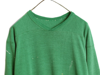 70s 80s ★ ラッセル フットボール Tシャツ メンズ M / 古着 ヴィンテージ Vネック 七分袖 長袖 ロンT ナンバリング シングルステッチ 緑