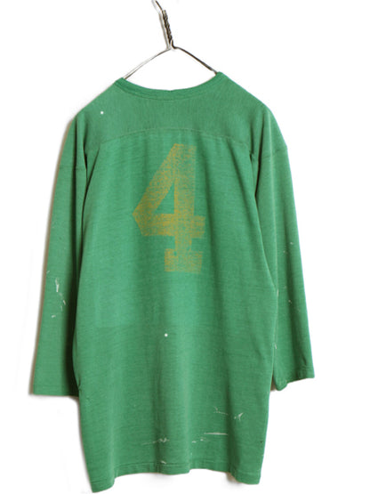 70s 80s ★ ラッセル フットボール Tシャツ メンズ M / 古着 ヴィンテージ Vネック 七分袖 長袖 ロンT ナンバリング シングルステッチ 緑