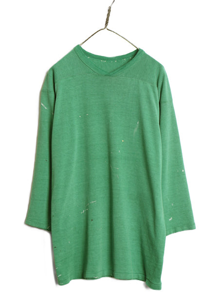 70s 80s ★ ラッセル フットボール Tシャツ メンズ M / 古着 ヴィンテージ Vネック 七分袖 長袖 ロンT ナンバリング シングルステッチ 緑
