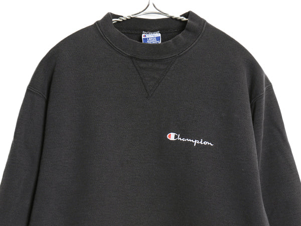 90s USA製 チャンピオン ワンポイント スウェット メンズ レディース L オールド 裏起毛 トレーナー スクリプト ロゴ 前V 目付き ブラック