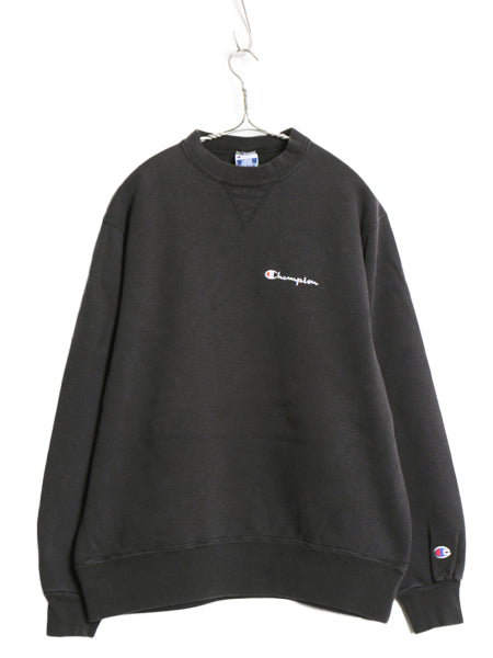 90s USA製 チャンピオン ワンポイント スウェット メンズ レディース L オールド 裏起毛 トレーナー スクリプト ロゴ 前V 目付き ブラック