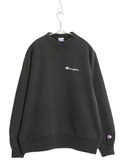 90s USA製 チャンピオン ワンポイント スウェット メンズ レディース L オールド 裏起毛 トレーナー スクリプト ロゴ 前V 目付き ブラック