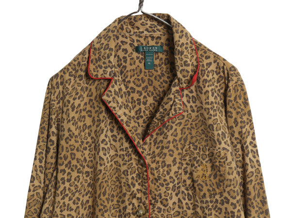 00s ローレン ラルフローレン  オープンカラー ヒョウ柄 パジャマ シャツ レディース XL オールド コットン 開襟 大きいサイズ レオパード