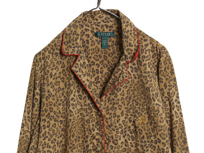 00s ローレン ラルフローレン  オープンカラー ヒョウ柄 パジャマ シャツ レディース XL オールド コットン 開襟 大きいサイズ レオパード