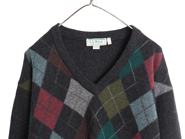 80s アイルランド製 エルエルビーン アーガイル ニット セーター メンズ S / ヴィンテージ アウトドア ラム ウール Vネック リブ編み 総柄