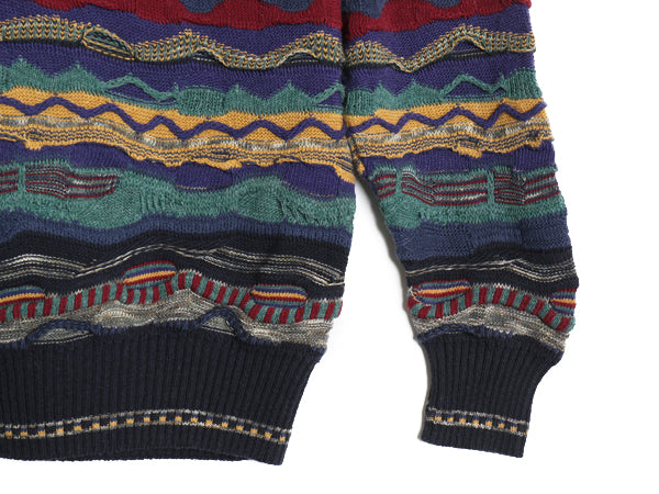 90s JOHN ASHFORD 3D 立体編み イタリア デザイン ニット セーター メンズ M オールド コットン アクリル クルーネック 総柄 マルチカラー