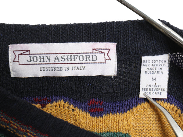 90s JOHN ASHFORD 3D 立体編み イタリア デザイン ニット セーター メンズ M オールド コットン アクリル クルーネック 総柄 マルチカラー