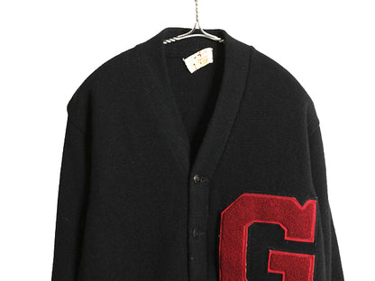 40s 50s ★ レタード ニット カーディガン メンズ S 程/ 古着 ヴィンテージ ウール アワード セーター カレッジ サガラ ワッペン付き 黒