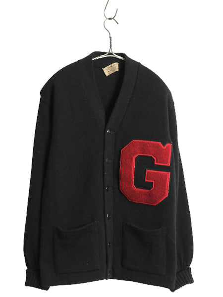 40s 50s ★ レタード ニット カーディガン メンズ S 程/ 古着 ヴィンテージ ウール アワード セーター カレッジ サガラ ワッペン付き 黒