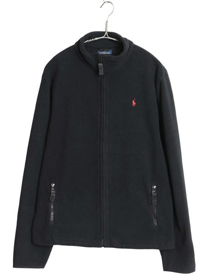 90s ポロ ラルフローレン フルジップ フリース ジャケット キッズ XL メンズ M 程 オールド ジャンパー ハイネック ワンポイント ポニー 黒